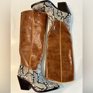Tory Burch Brown Leather and Snake Print Boots. Never worn and out of box
